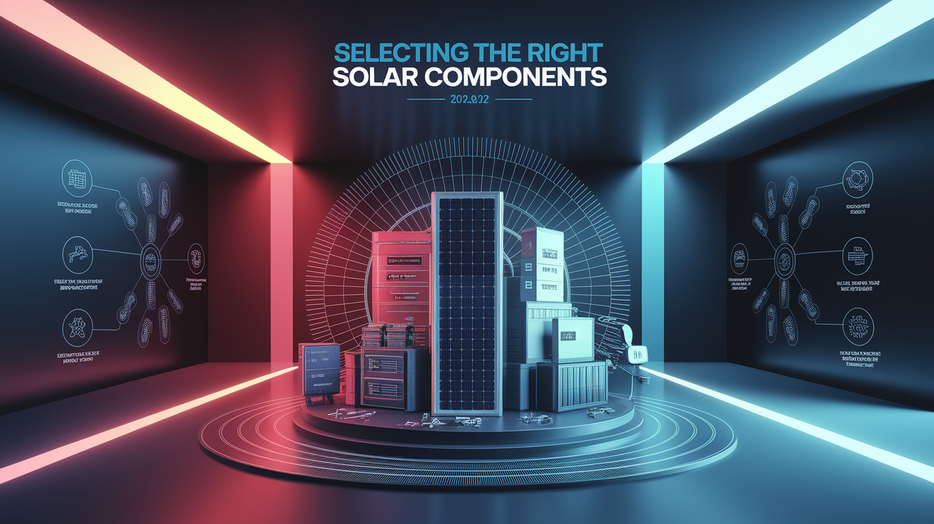 A conceptual illustration representing Selecting the Right Solar Components. Visualize the main ideas: . Creative but clear representation of the concept. Style: Visual Theme: Clean, modern aesthetic with high contrast and vibrant energy. Emphasize the intersect. high quality, detailed, professional, clean composition, good lighting, sharp focus, well-composed. high quality, professional, detailed, well-composed