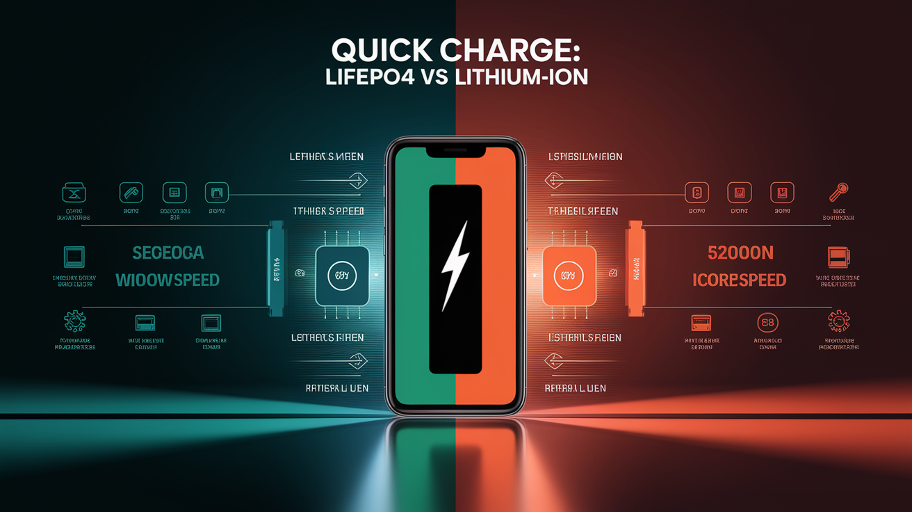 A side-by-side comparison visual for Quick Charge: LiFePO4 vs Lithium-Ion in One Sentence. Show contrasting elements: . Use clear visual separation, possibly with split-screen or before/after layout. Style: Visual Theme: Clean, modern aesthetic with high contrast and vibrant energy. Emphasize the intersect. high quality, detailed, professional, clean composition, good lighting, sharp focus, well-composed. high quality, professional, detailed, well-composed