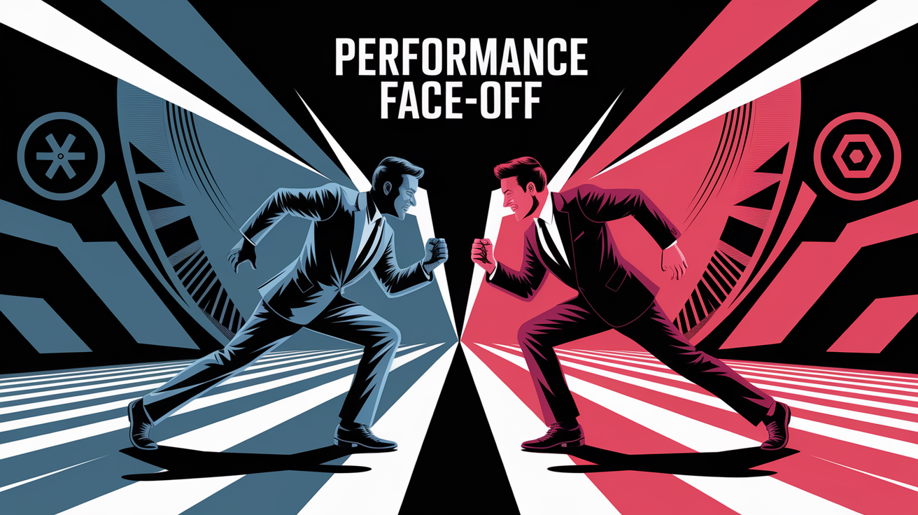 A conceptual illustration representing Performance Face-Off. Visualize the main ideas: . Creative but clear representation of the concept. Style: Visual Theme: Clean, modern aesthetic with high contrast and vibrant energy. Emphasize the intersect. high quality, detailed, professional, clean composition, good lighting, sharp focus, well-composed. high quality, professional, detailed, well-composed