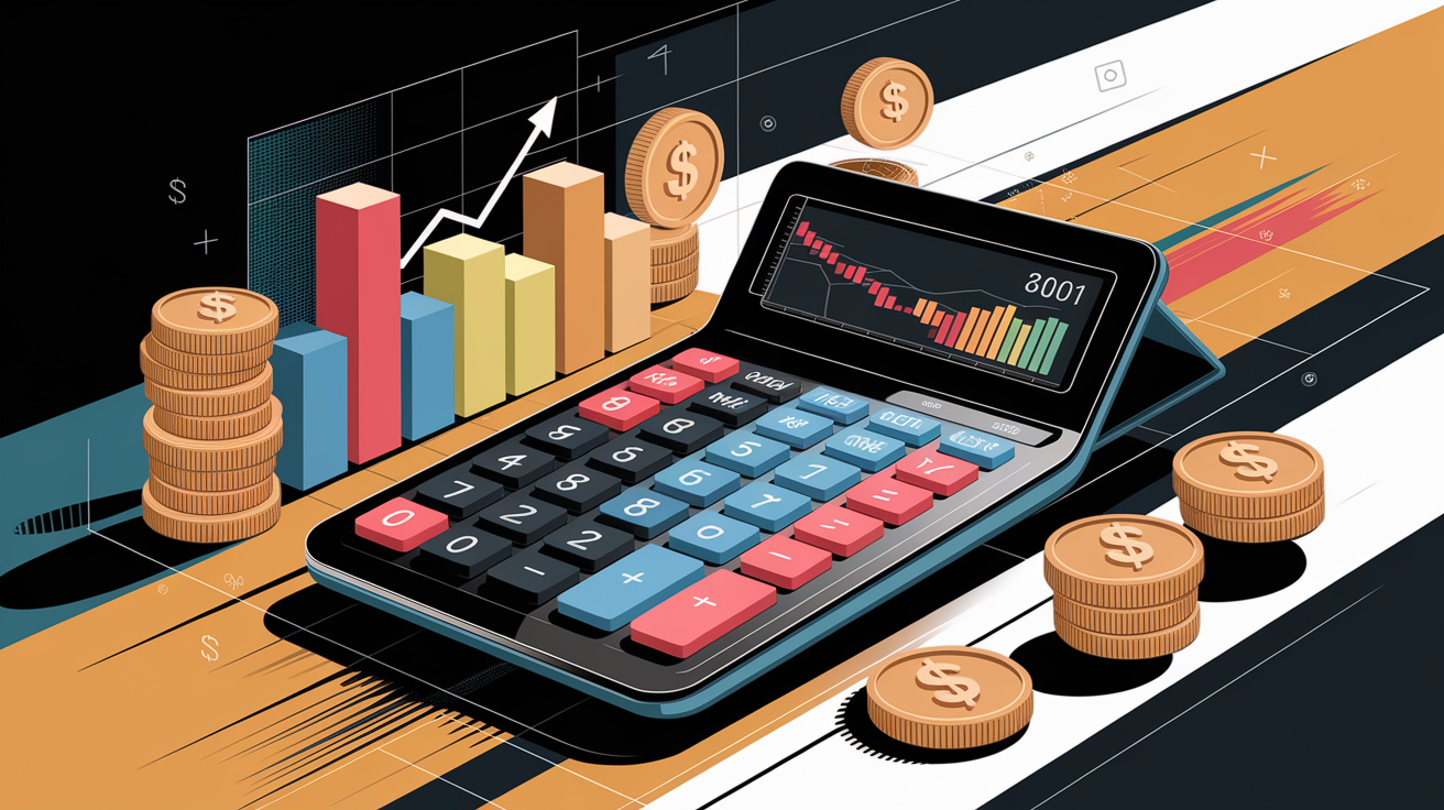 A conceptual illustration representing Cost Calculator. Visualize the main ideas: . Creative but clear representation of the concept. Style: Visual Theme: Clean, modern aesthetic with high contrast and vibrant energy. Emphasize the intersect. high quality, detailed, professional, clean composition, good lighting, sharp focus, well-composed. high quality, professional, detailed, well-composed