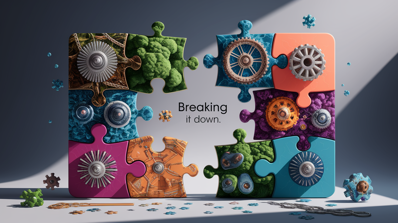 A conceptual illustration representing Breaking It Down. Visualize the main ideas: . Creative but clear representation of the concept. Style: photorealistic. high quality, detailed, professional, clean composition, good lighting, sharp focus, well-composed. high quality, professional, detailed, well-composed