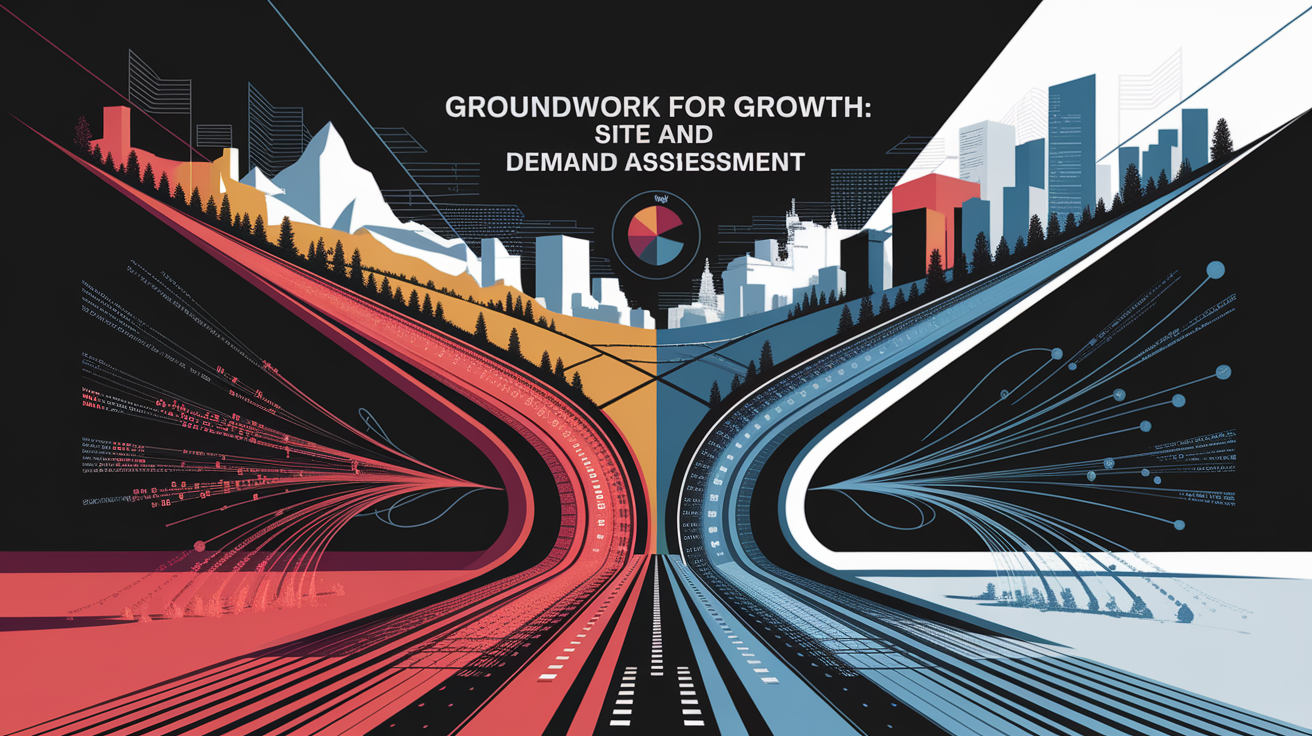 A conceptual illustration representing Groundwork for Growth: Site and Demand Assessment. Visualize the main ideas: . Creative but clear representation of the concept. Style: Visual Theme: Clean, modern aesthetic with high contrast and vibrant energy. Emphasize the intersect. high quality, detailed, professional, clean composition, good lighting, sharp focus, well-composed. high quality, professional, detailed, well-composed
