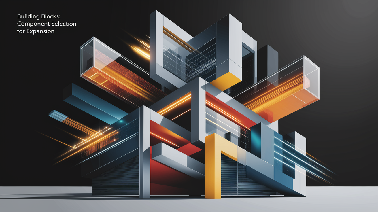 A conceptual illustration representing Building Blocks: Component Selection for Expansion. Visualize the main ideas: . Creative but clear representation of the concept. Style: Visual Theme: Clean, modern aesthetic with high contrast and vibrant energy. Emphasize the intersect. high quality, detailed, professional, clean composition, good lighting, sharp focus, well-composed. high quality, professional, detailed, well-composed