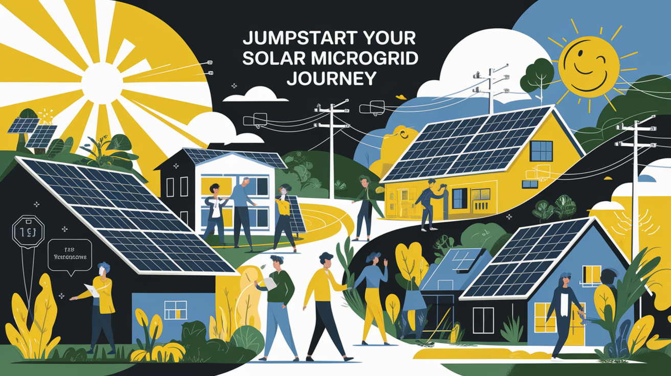 A conceptual illustration representing Jumpstart Your Solar Microgrid Journey. Visualize the main ideas: . Creative but clear representation of the concept. Style: Visual Theme: Clean, modern aesthetic with high contrast and vibrant energy. Emphasize the intersect. high quality, detailed, professional, clean composition, good lighting, sharp focus, well-composed. high quality, professional, detailed, well-composed