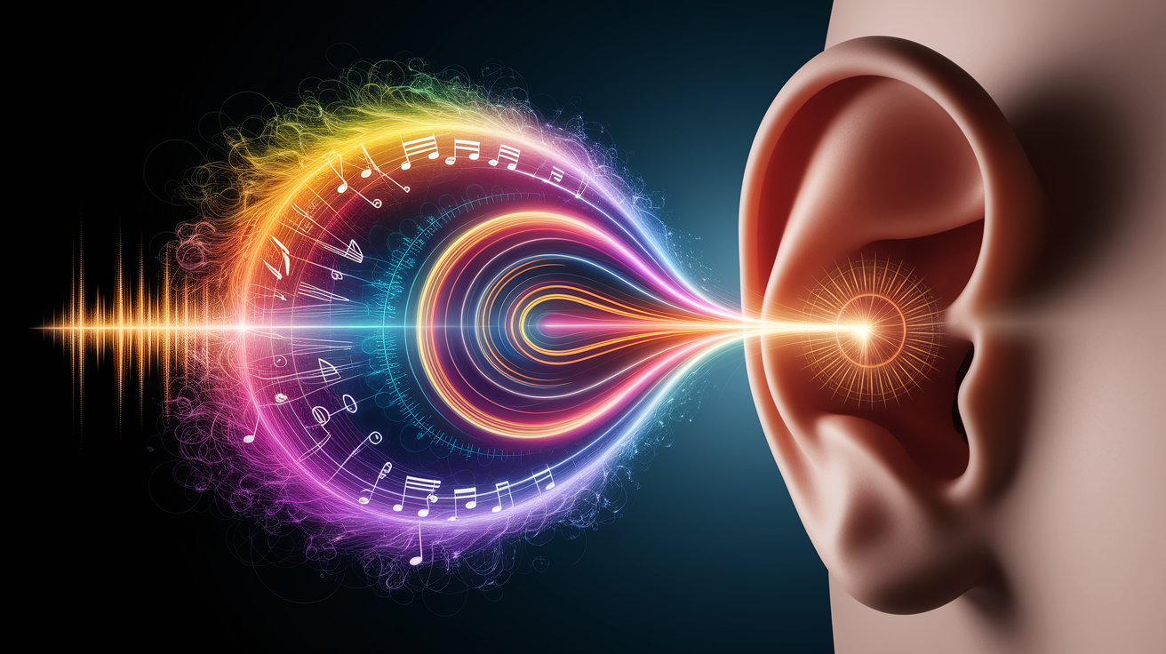 A conceptual illustration representing Let the Show Begin: A Soundâ€™s Journey into Your Ear. Visualize the main ideas: . Creative but clear representation of the concept. Style: photorealistic. high quality, detailed, professional, clean composition, good lighting, sharp focus, well-composed. high quality, professional, detailed, well-composed