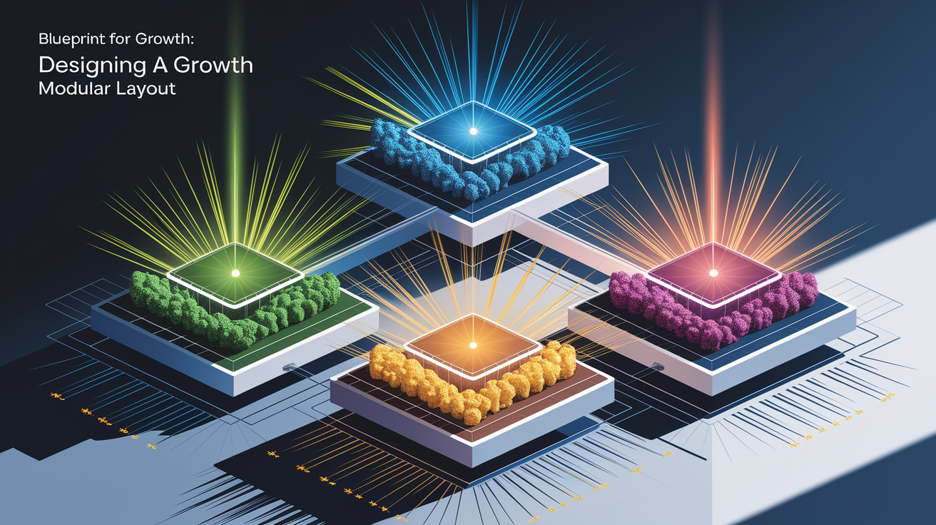A conceptual illustration representing Blueprint for Growth: Designing a Modular Layout. Visualize the main ideas: . Creative but clear representation of the concept. Style: Visual Theme: Clean, modern aesthetic with high contrast and vibrant energy. Emphasize the intersect. high quality, detailed, professional, clean composition, good lighting, sharp focus, well-composed. high quality, professional, detailed, well-composed