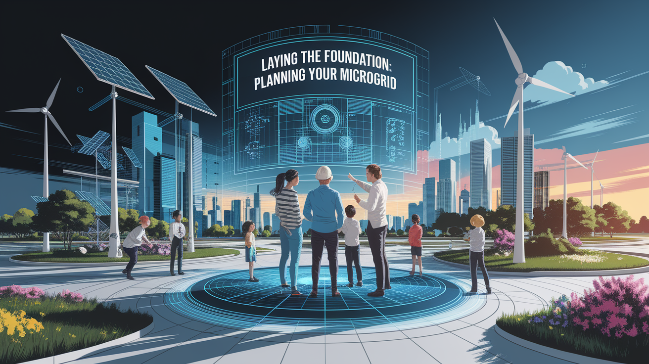 A conceptual illustration representing Laying the Foundation: Planning Your Microgrid. Visualize the main ideas: . Creative but clear representation of the concept. Style: Visual Theme: Clean, modern aesthetic with high contrast and vibrant energy. Emphasize the intersect. high quality, detailed, professional, clean composition, good lighting, sharp focus, well-composed. high quality, professional, detailed, well-composed