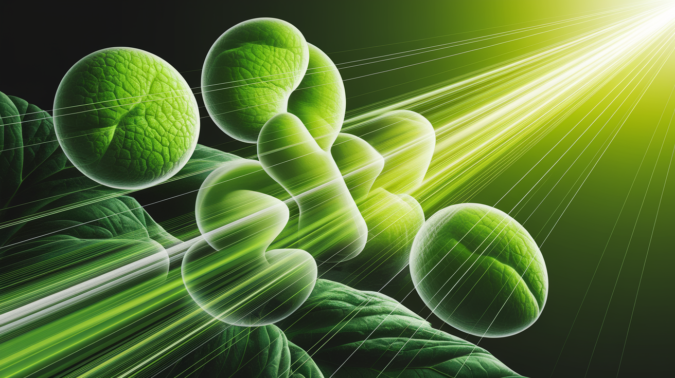 A conceptual illustration representing Chlorophyll and Light Absorption. Visualize the main ideas: . Creative but clear representation of the concept. Style: photorealistic. high quality, detailed, professional, clean composition, good lighting, sharp focus, well-composed. high quality, professional, detailed, well-composed