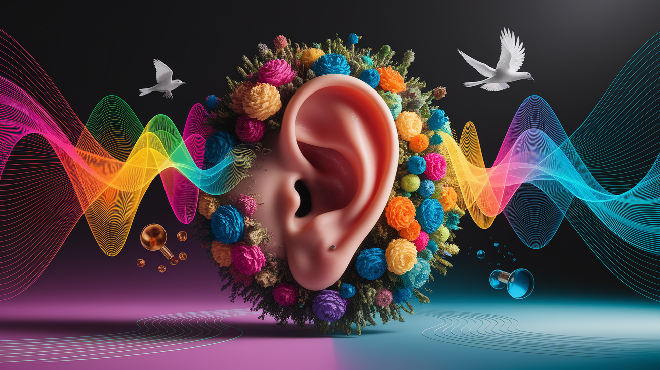 A conceptual illustration representing Collecting Sounds with the Outer Ear. Visualize the main ideas: . Creative but clear representation of the concept. Style: photorealistic. high quality, detailed, professional, clean composition, good lighting, sharp focus, well-composed. high quality, professional, detailed, well-composed
