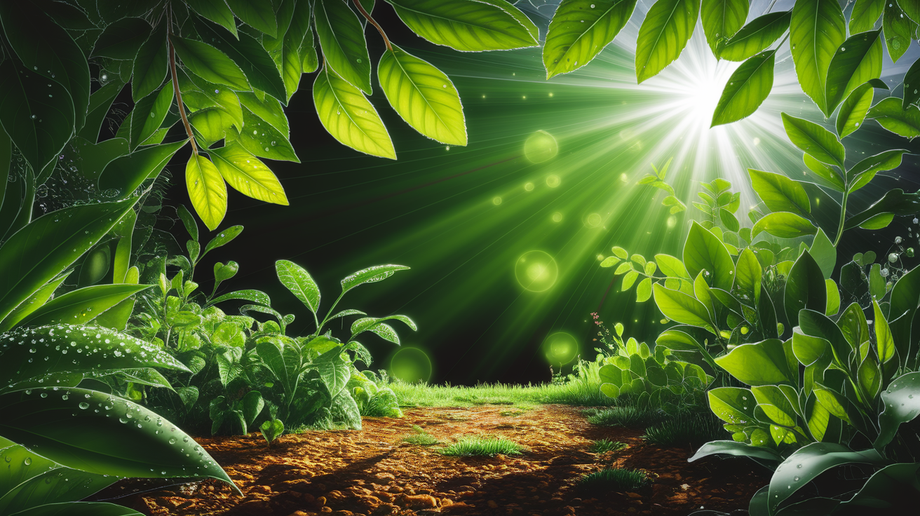 A conceptual illustration representing Green Lightâ€™s Role in Photosynthesis. Visualize the main ideas: . Creative but clear representation of the concept. Style: photorealistic. high quality, detailed, professional, clean composition, good lighting, sharp focus, well-composed. high quality, professional, detailed, well-composed