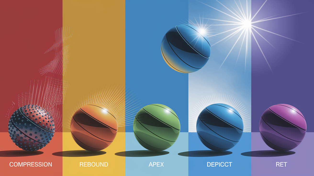 A conceptual illustration representing The Five Phases of a Bounce. Visualize the main ideas: . Creative but clear representation of the concept. Style: photorealistic. high quality, detailed, professional, clean composition, good lighting, sharp focus, well-composed. high quality, professional, detailed, well-composed