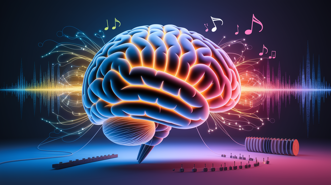 A conceptual illustration representing Brain Behind the Songs: Neural Control and Learning. Visualize the main ideas: . Creative but clear representation of the concept. Style: photorealistic. high quality, detailed, professional, clean composition, good lighting, sharp focus, well-composed. high quality, professional, detailed, well-composed