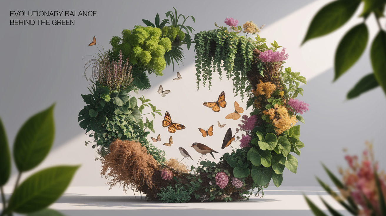 A conceptual illustration representing Evolutionary Balance Behind the Green. Visualize the main ideas: . Creative but clear representation of the concept. Style: photorealistic. high quality, detailed, professional, clean composition, good lighting, sharp focus, well-composed. high quality, professional, detailed, well-composed