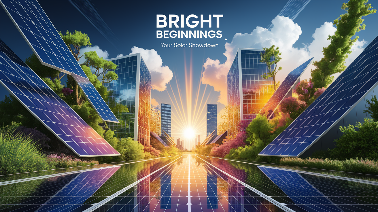 A conceptual illustration representing Bright Beginnings: Your Solar Showdown. Visualize the main ideas: . Creative but clear representation of the concept. Style: Visual Theme: Clean, modern aesthetic with high contrast and vibrant energy. Emphasize the intersect. high quality, detailed, professional, clean composition, good lighting, sharp focus, well-composed. high quality, professional, detailed, well-composed