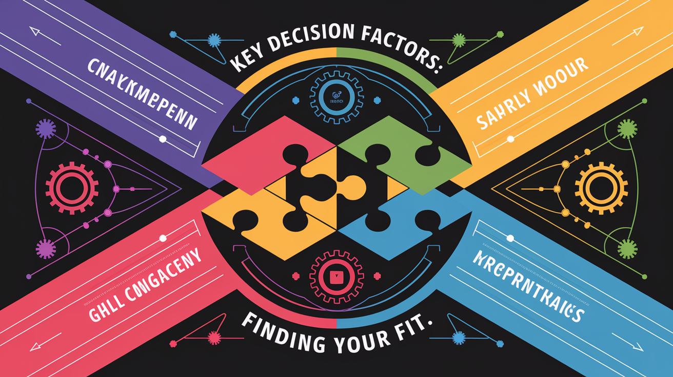 A conceptual illustration representing Key Decision Factors: Finding Your Fit. Visualize the main ideas: . Creative but clear representation of the concept. Style: Visual Theme: Clean, modern aesthetic with high contrast and vibrant energy. Emphasize the intersect. high quality, detailed, professional, clean composition, good lighting, sharp focus, well-composed. high quality, professional, detailed, well-composed