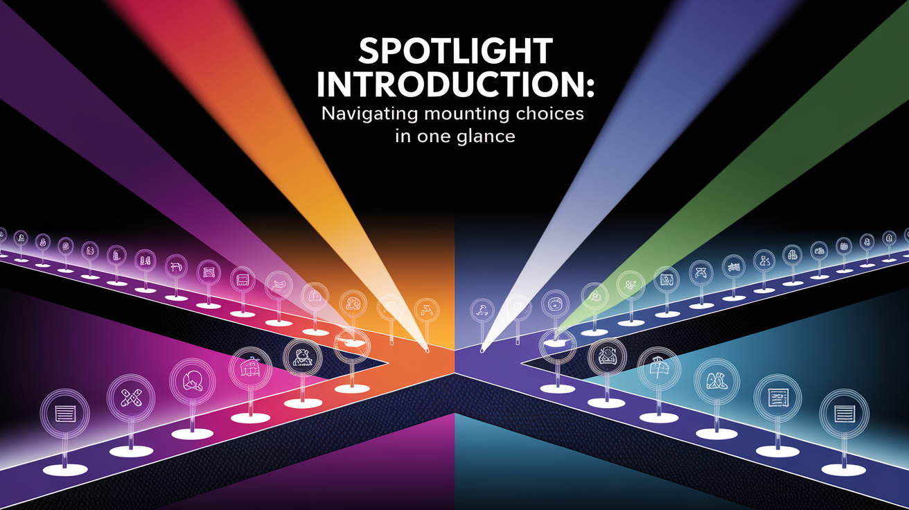 A conceptual illustration representing Spotlight Introduction: Navigating Mounting Choices in One Glance. Visualize the main ideas: . Creative but clear representation of the concept. Style: Visual Theme: Clean, modern aesthetic with high contrast and vibrant energy. Emphasize the intersect. high quality, detailed, professional, clean composition, good lighting, sharp focus, well-composed. high quality, professional, detailed, well-composed