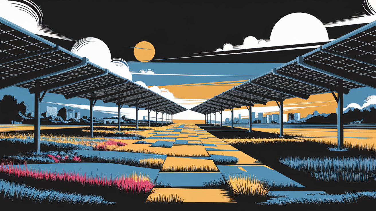 A conceptual illustration representing Ground-Mounted Systems: Flexibility on the Ground. Visualize the main ideas: . Creative but clear representation of the concept. Style: Visual Theme: Clean, modern aesthetic with high contrast and vibrant energy. Emphasize the intersect. high quality, detailed, professional, clean composition, good lighting, sharp focus, well-composed. high quality, professional, detailed, well-composed