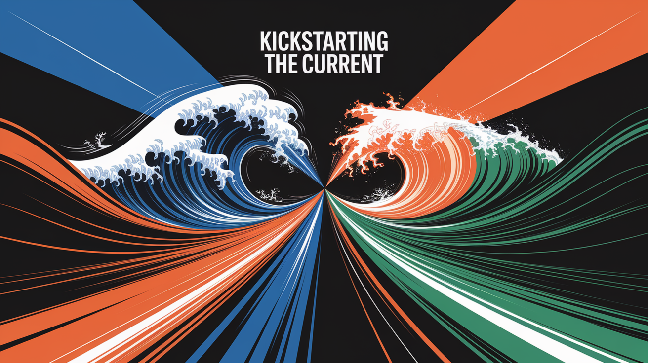 A conceptual illustration representing Kickstarting the Current. Visualize the main ideas: . Creative but clear representation of the concept. Style: Visual Theme: Clean, modern aesthetic with high contrast and vibrant energy. Emphasize the intersect. high quality, detailed, professional, clean composition, good lighting, sharp focus, well-composed. high quality, professional, detailed, well-composed