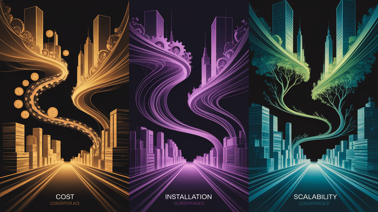 A conceptual illustration representing Cost, Installation, and Scalability. Visualize the main ideas: . Creative but clear representation of the concept. Style: Visual Theme: Clean, modern aesthetic with high contrast and vibrant energy. Emphasize the intersect. high quality, detailed, professional, clean composition, good lighting, sharp focus, well-composed. high quality, professional, detailed, well-composed