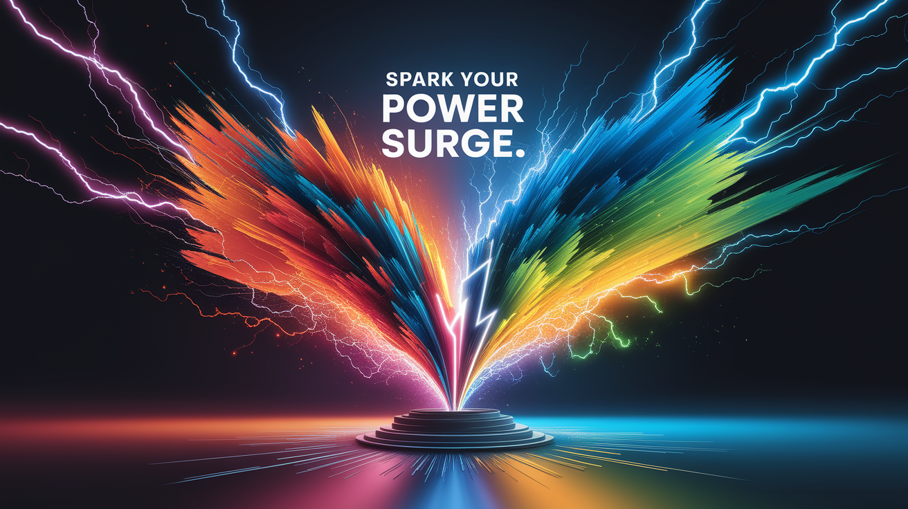 A conceptual illustration representing Spark Your Power Surge. Visualize the main ideas: . Creative but clear representation of the concept. Style: Visual Theme: Clean, modern aesthetic with high contrast and vibrant energy. Emphasize the intersect. high quality, detailed, professional, clean composition, good lighting, sharp focus, well-composed. high quality, professional, detailed, well-composed