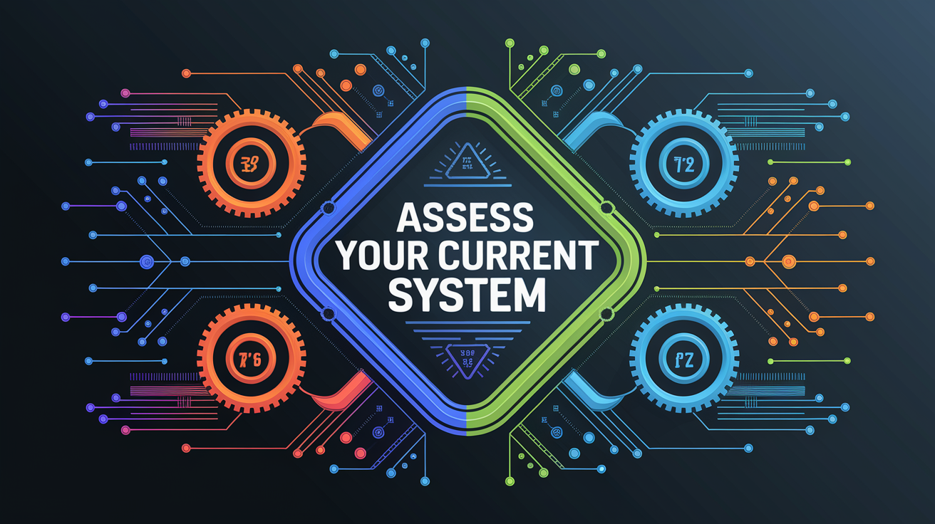 A conceptual illustration representing Assess Your Current System. Visualize the main ideas: . Creative but clear representation of the concept. Style: Visual Theme: Clean, modern aesthetic with high contrast and vibrant energy. Emphasize the intersect. high quality, detailed, professional, clean composition, good lighting, sharp focus, well-composed. high quality, professional, detailed, well-composed
