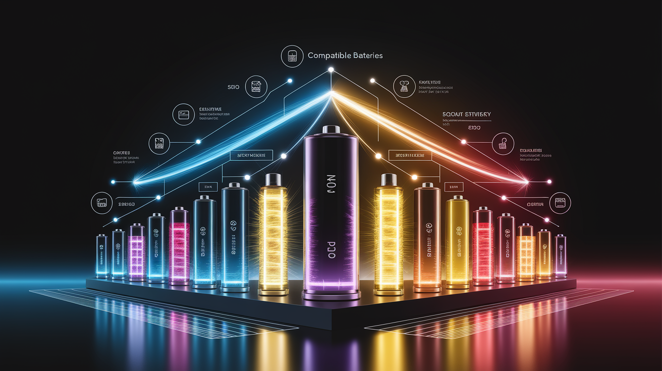 A conceptual illustration representing Choose Compatible Batteries. Visualize the main ideas: . Creative but clear representation of the concept. Style: Visual Theme: Clean, modern aesthetic with high contrast and vibrant energy. Emphasize the intersect. high quality, detailed, professional, clean composition, good lighting, sharp focus, well-composed. high quality, professional, detailed, well-composed
