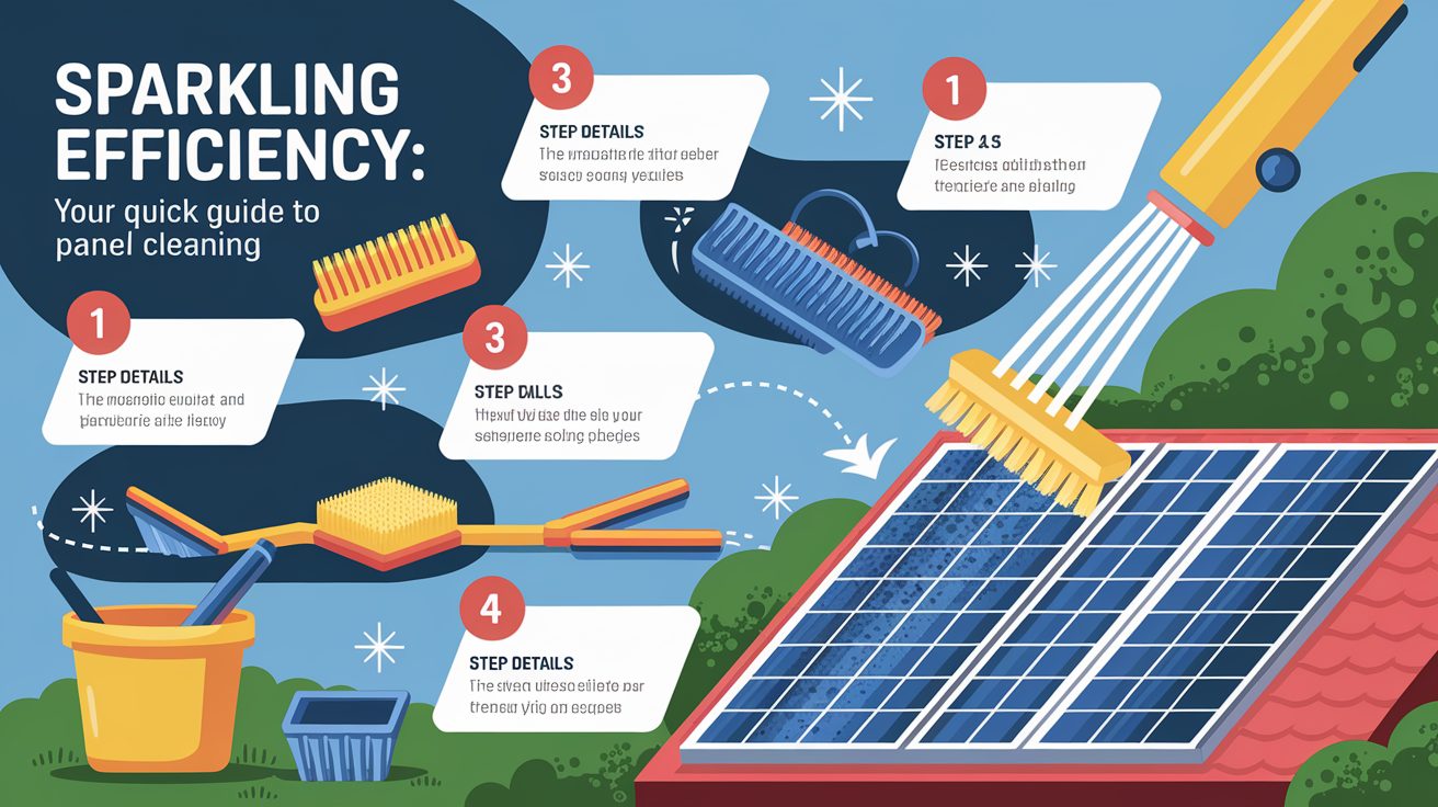 A clear, step-by-step visual illustration showing Sparkling Efficiency: Your Quick Guide to Solar Panel Cleaning. Focus on . Include visual elements like arrows, numbered steps, or sequential flow. Professional and instructional style. Style: Visual Theme: Clean, modern aesthetic with high contrast and vibrant energy. Emphasize the intersect. high quality, detailed, professional, clean composition, good lighting, sharp focus, well-composed. high quality, professional, detailed, well-composed