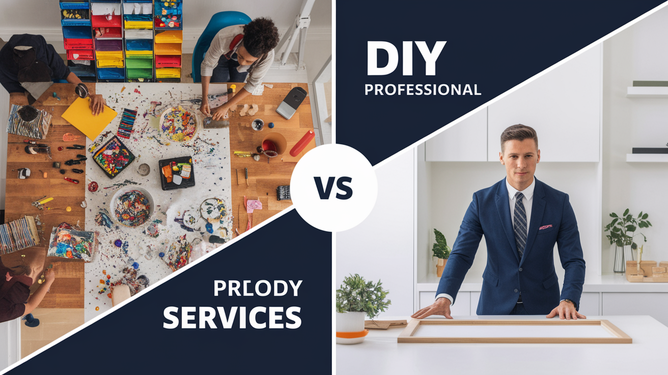 A side-by-side comparison visual for DIY vs Professional Services. Show contrasting elements: . Use clear visual separation, possibly with split-screen or before/after layout. Style: Visual Theme: Clean, modern aesthetic with high contrast and vibrant energy. Emphasize the intersect. high quality, detailed, professional, clean composition, good lighting, sharp focus, well-composed. high quality, professional, detailed, well-composed