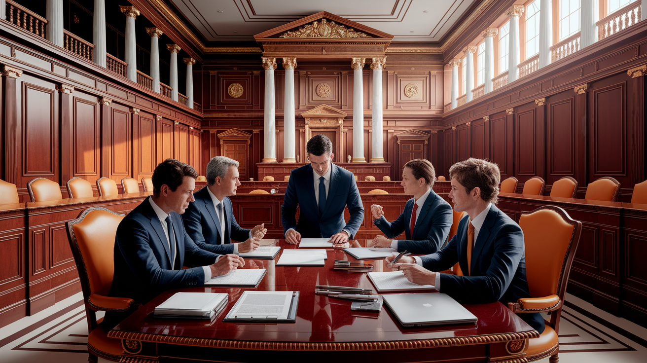 A conceptual illustration representing Filing Petitions and Court Hearings. Visualize the main ideas: . Creative but clear representation of the concept. Style: photorealistic. high quality, detailed, professional, clean composition, good lighting, sharp focus, well-composed. high quality, professional, detailed, well-composed