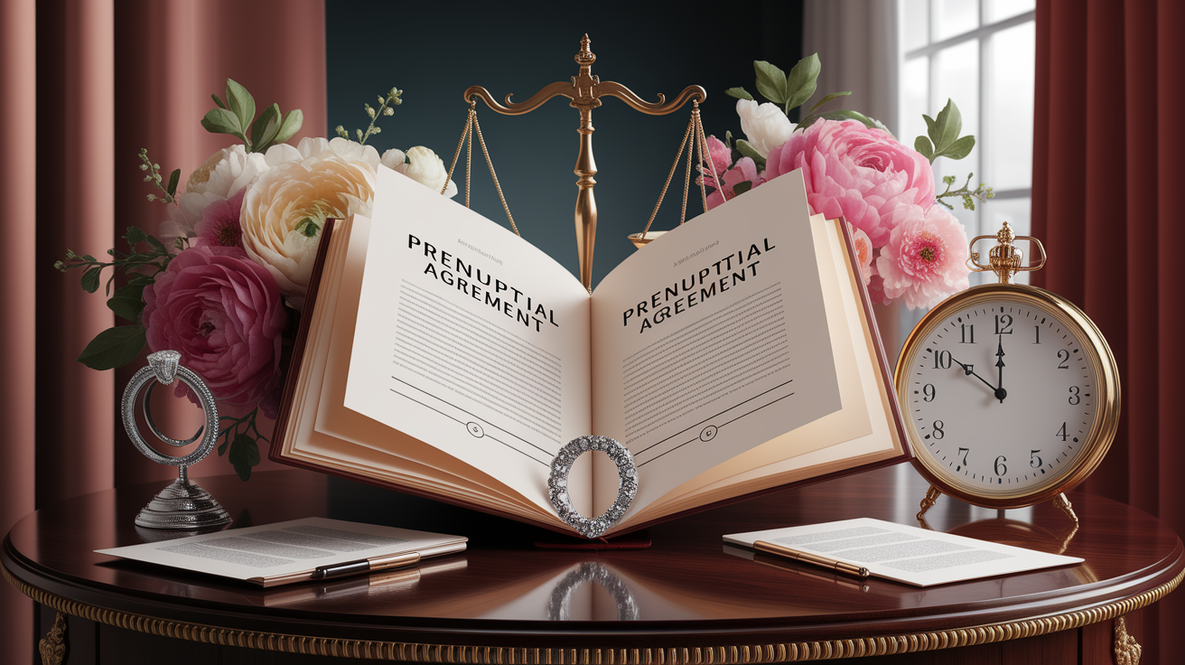 A conceptual illustration representing Understanding Prenuptial-Agreement-Basics. Visualize the main ideas: . Creative but clear representation of the concept. Style: photorealistic. high quality, detailed, professional, clean composition, good lighting, sharp focus, well-composed. high quality, professional, detailed, well-composed