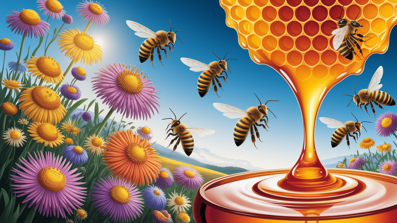 A conceptual illustration representing Buzzing Beginnings: Honeyâ€™s Origin in One Sentence. Visualize the main ideas: . Creative but clear representation of the concept. Style: photorealistic. high quality, detailed, professional, clean composition, good lighting, sharp focus, well-composed. high quality, professional, detailed, well-composed