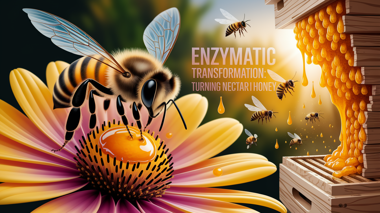 A conceptual illustration representing Enzymatic Transformation: Turning Nectar into Honey. Visualize the main ideas: . Creative but clear representation of the concept. Style: photorealistic. high quality, detailed, professional, clean composition, good lighting, sharp focus, well-composed. high quality, professional, detailed, well-composed