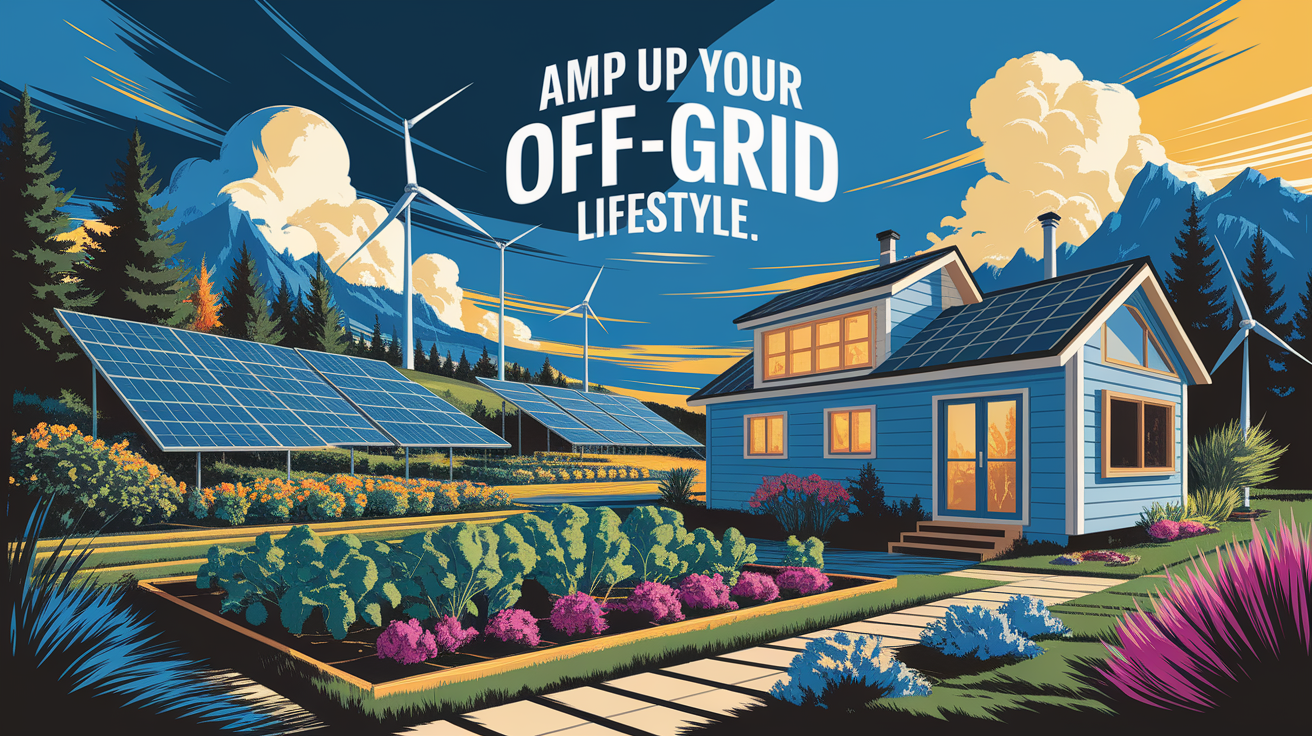 A conceptual illustration representing Amp Up Your Off-Grid Lifestyle. Visualize the main ideas: . Creative but clear representation of the concept. Style: Visual Theme: Clean, modern aesthetic with high contrast and vibrant energy. Emphasize the intersect. high quality, detailed, professional, clean composition, good lighting, sharp focus, well-composed. high quality, professional, detailed, well-composed