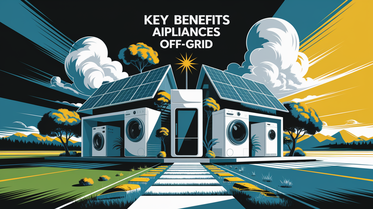A conceptual illustration representing Why Choose DC Appliances Off-Grid. Visualize the main ideas: . Creative but clear representation of the concept. Style: Visual Theme: Clean, modern aesthetic with high contrast and vibrant energy. Emphasize the intersect. high quality, detailed, professional, clean composition, good lighting, sharp focus, well-composed. high quality, professional, detailed, well-composed