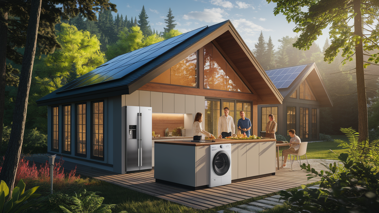 A realistic scene or environment setting for Top DC Appliances for Your Off-Grid Home. Include in a natural, contextual setting. Show real-world application or usage. Style: Visual Theme: Clean, modern aesthetic with high contrast and vibrant energy. Emphasize the intersect. high quality, detailed, professional, clean composition, good lighting, sharp focus, well-composed. high quality, professional, detailed, well-composed