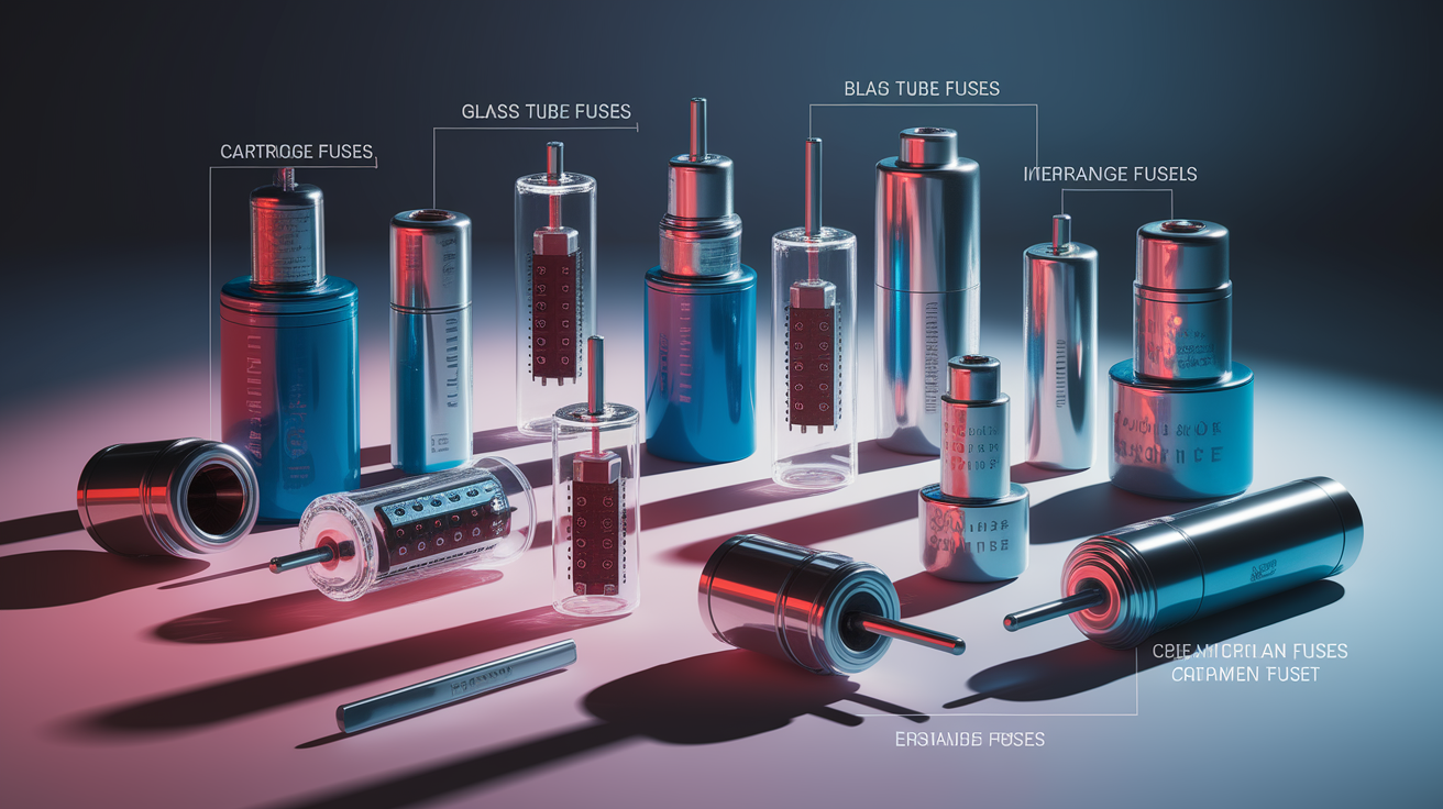 A conceptual illustration representing Common Fuse Types and Uses. Visualize the main ideas: . Creative but clear representation of the concept. Style: photorealistic. high quality, detailed, professional, clean composition, good lighting, sharp focus, well-composed. high quality, professional, detailed, well-composed