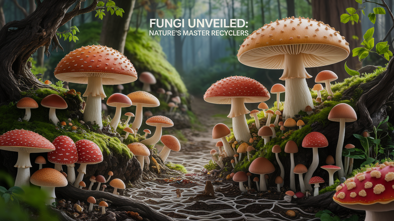 A conceptual illustration representing Fungi Unveiled: Natureâ€™s Master Recyclers. Visualize the main ideas: . Creative but clear representation of the concept. Style: photorealistic. high quality, detailed, professional, clean composition, good lighting, sharp focus, well-composed. high quality, professional, detailed, well-composed