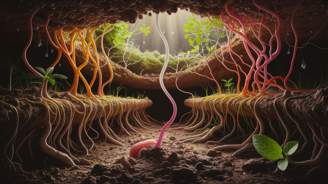 A conceptual illustration representing Mycelial Networks and Environmental Drivers. Visualize the main ideas: . Creative but clear representation of the concept. Style: photorealistic. high quality, detailed, professional, clean composition, good lighting, sharp focus, well-composed. high quality, professional, detailed, well-composed