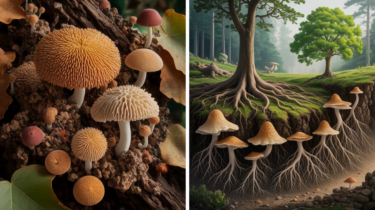 A side-by-side comparison visual for Saprotrophic vs. Ectomycorrhizal Strategies. Show contrasting elements: . Use clear visual separation, possibly with split-screen or before/after layout. Style: photorealistic. high quality, detailed, professional, clean composition, good lighting, sharp focus, well-composed. high quality, professional, detailed, well-composed