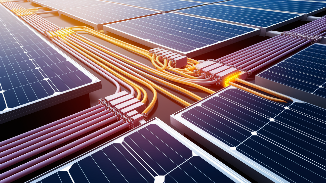 A conceptual illustration representing Wiring Up: How Panels Are Connected. Visualize the main ideas: . Creative but clear representation of the concept. Style: photorealistic. high quality, detailed, professional, clean composition, good lighting, sharp focus, well-composed. high quality, professional, detailed, well-composed