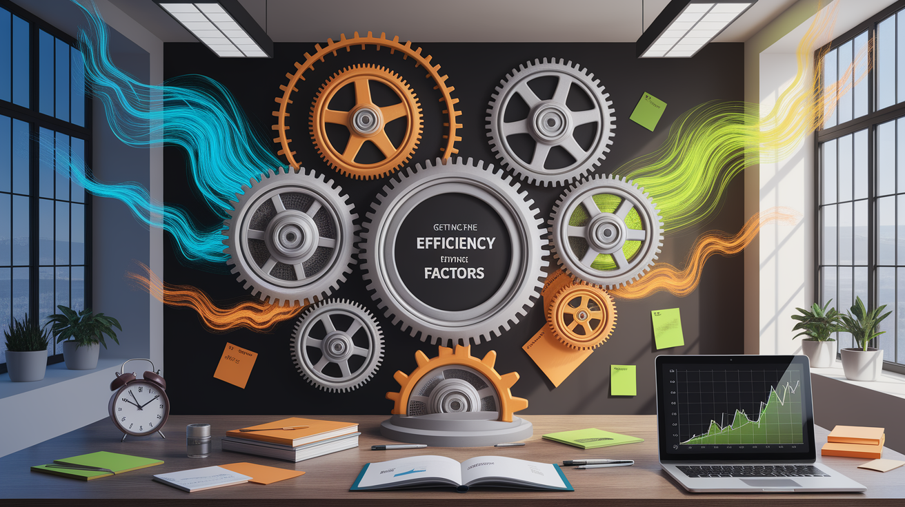 A conceptual illustration representing Getting the Most: Efficiency Factors. Visualize the main ideas: . Creative but clear representation of the concept. Style: photorealistic. high quality, detailed, professional, clean composition, good lighting, sharp focus, well-composed. high quality, professional, detailed, well-composed