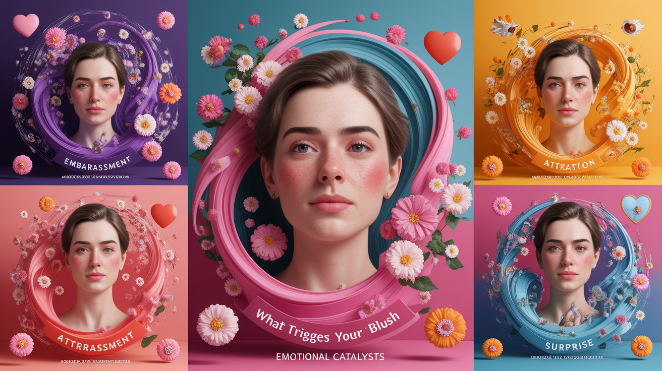 A conceptual illustration representing What Triggers Your Blush – Emotional Catalysts. Visualize the main ideas: . Creative but clear representation of the