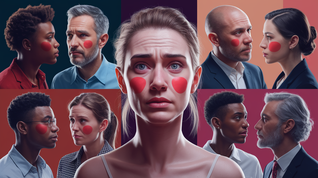 A conceptual illustration representing The Social Signal of Blushing – Evolutionary and Communicative Value. Visualize the main ideas: . Creative but clear