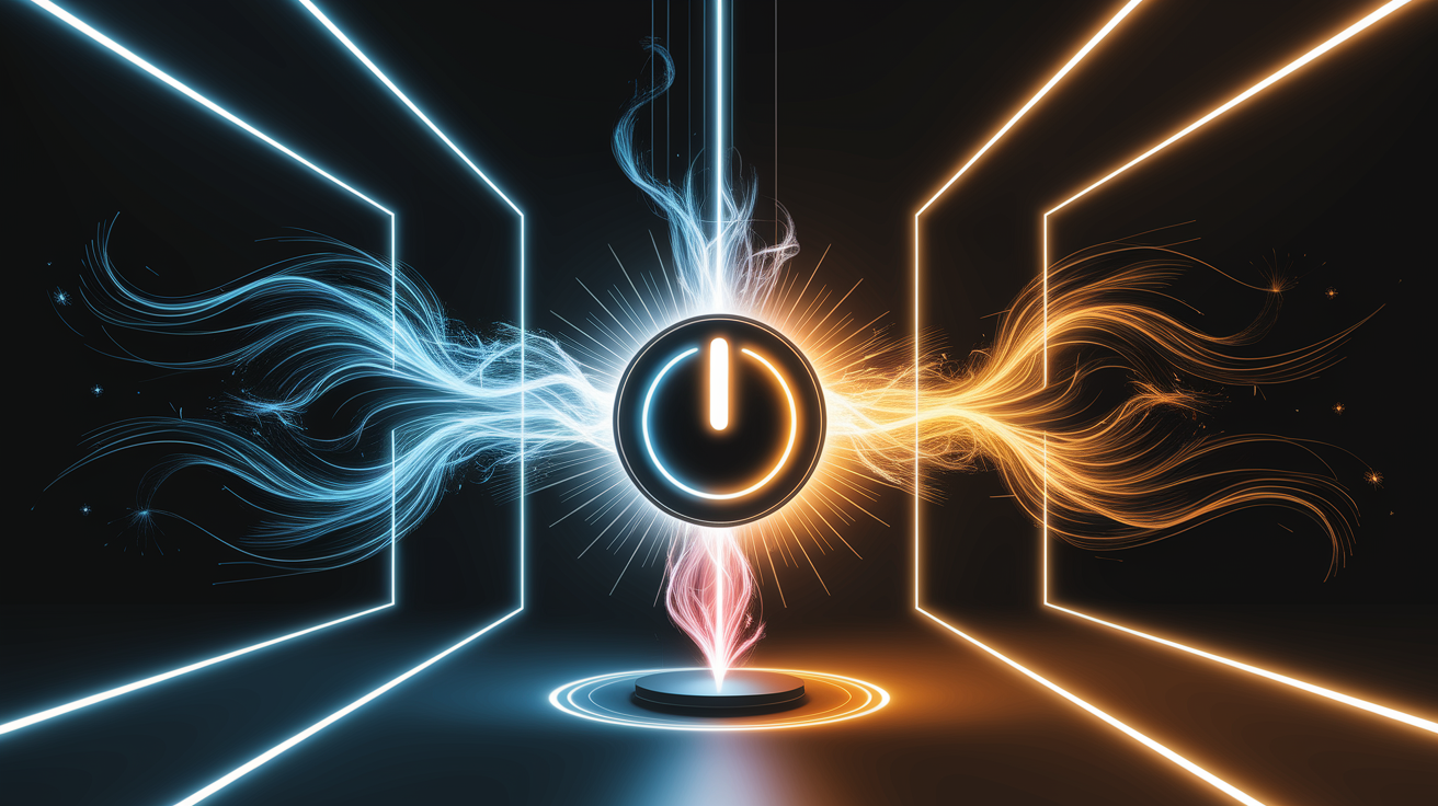 A conceptual illustration representing Power On, Worries Gone. Visualize the main ideas: . Creative but clear representation of the concept. Style: Visual Theme: Clean, modern aesthetic with high contrast and vibrant energy. Emphasize the intersect. high quality, detailed, professional, clean composition, good lighting, sharp focus, well-composed. high quality, professional, detailed, well-composed