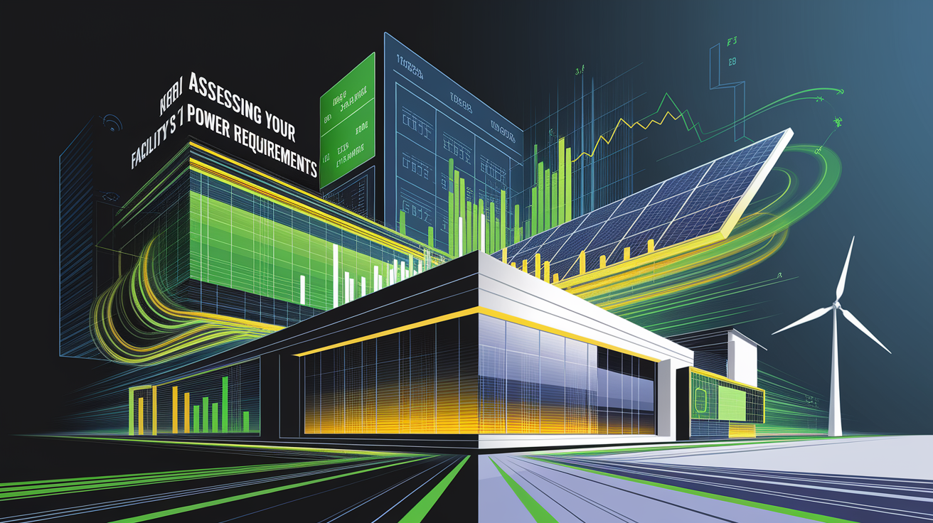 A conceptual illustration representing Assessing Your Facilityâ€™s Power Requirements. Visualize the main ideas: . Creative but clear representation of the concept. Style: Visual Theme: Clean, modern aesthetic with high contrast and vibrant energy. Emphasize the intersect. high quality, detailed, professional, clean composition, good lighting, sharp focus, well-composed. high quality, professional, detailed, well-composed