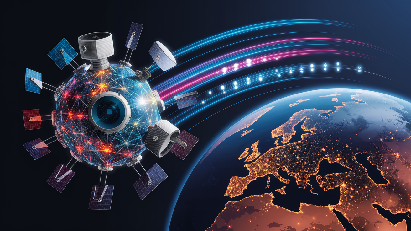 A conceptual illustration representing Satellite Constellation: The Space Network. Visualize the main ideas: . Creative but clear representation of the concept. Style: photorealistic. high quality, detailed, professional, clean composition, good lighting, sharp focus, well-composed. high quality, professional, detailed, well-composed