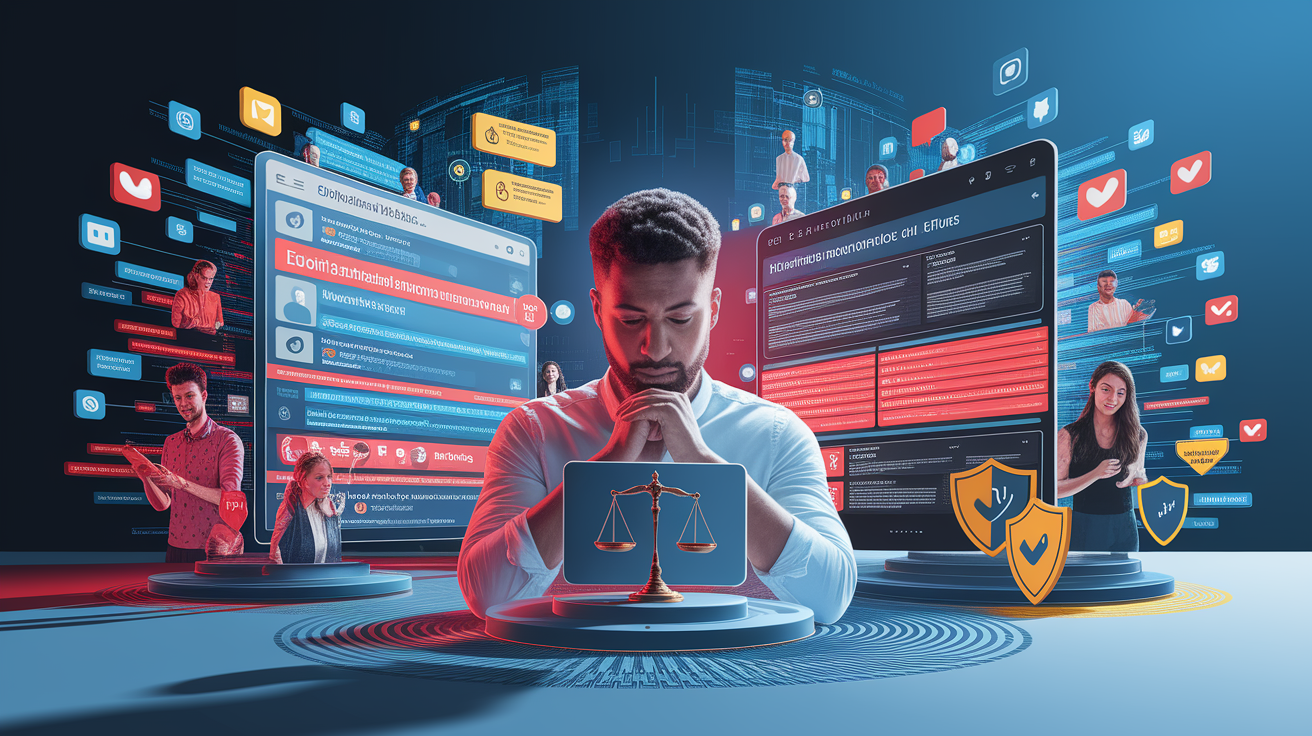 A conceptual illustration representing Understanding Online Defamation Risks on Social Media. Visualize the main ideas: . Creative but clear representation of the concept. Style: photorealistic. high quality, detailed, professional, clean composition, good lighting, sharp focus, well-composed. high quality, professional, detailed, well-composed