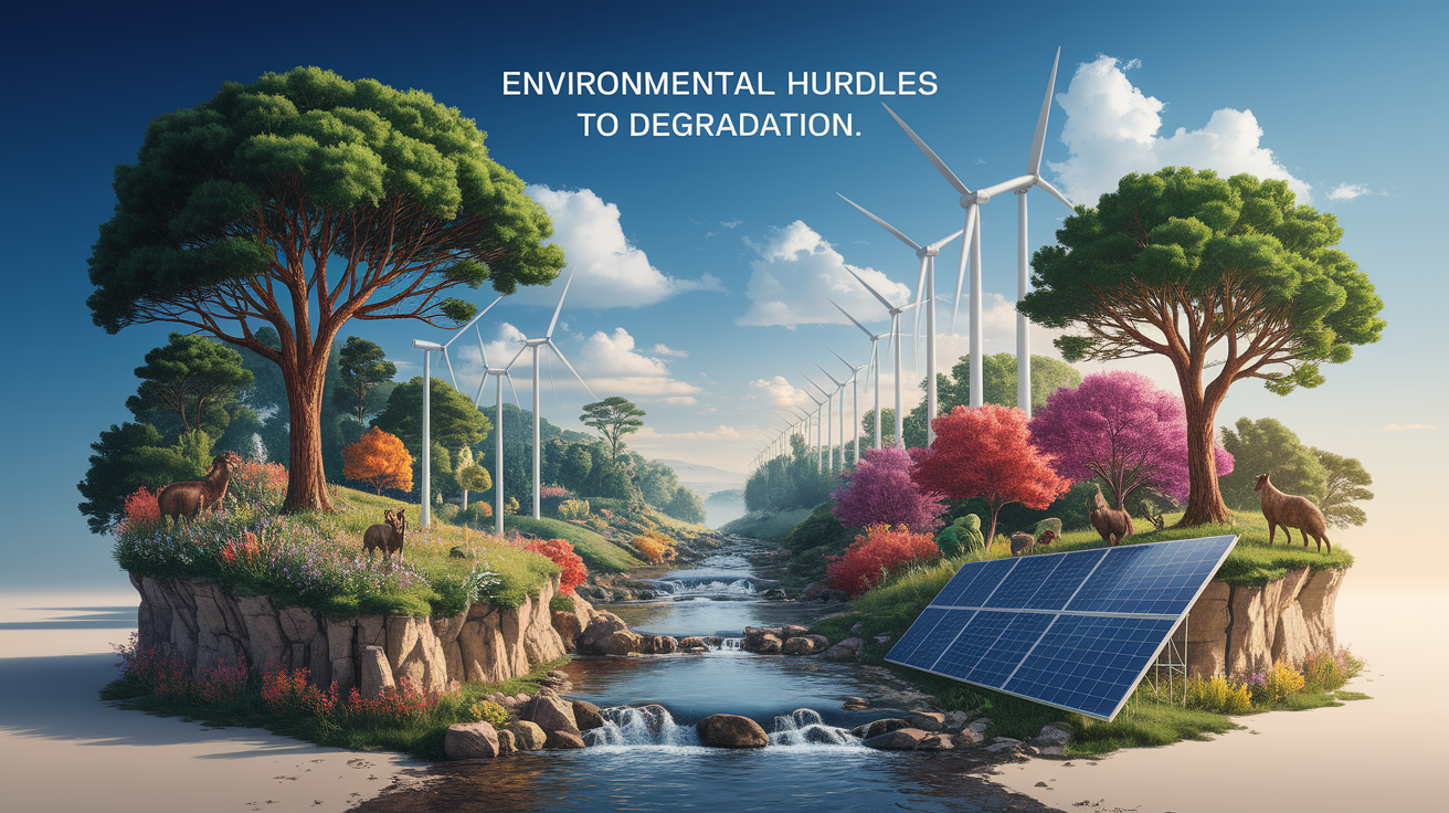 A conceptual illustration representing Environmental Hurdles to Degradation. Visualize the main ideas: . Creative but clear representation of the concept. Style: photorealistic. high quality, detailed, professional, clean composition, good lighting, sharp focus, well-composed. high quality, professional, detailed, well-composed