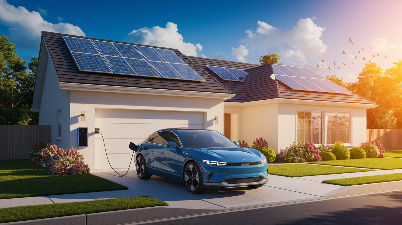 A realistic scene or environment setting for Sun-Charged Beginnings: Powering Your EV with Home Solar. Include  in a natural, contextual setting. Show real-world application or usage. Style: Visual Theme: Clean, modern aesthetic with high contrast and vibrant energy. Emphasize the intersect. high quality, detailed, professional, clean composition, good lighting, sharp focus, well-composed. high quality, professional, detailed, well-composed
