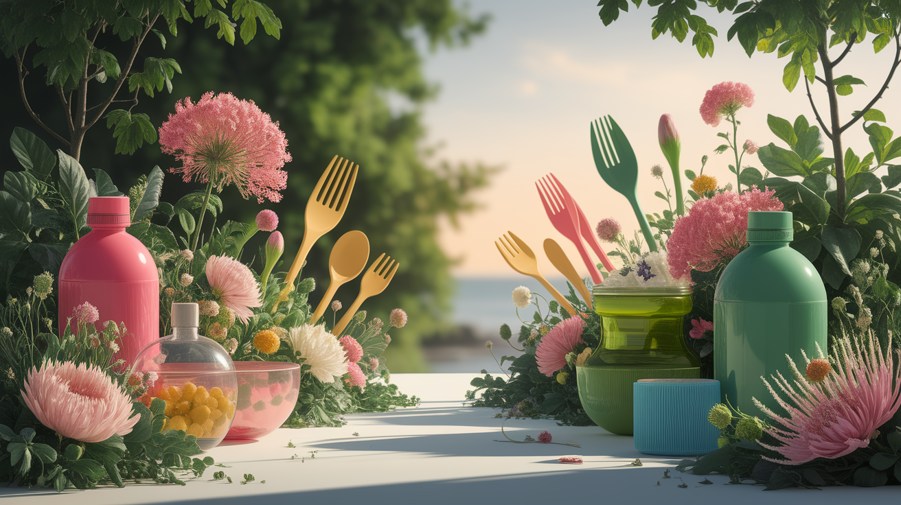 A conceptual illustration representing Bioplastics â€“ A Partial Solution. Visualize the main ideas: . Creative but clear representation of the concept. Style: photorealistic. high quality, detailed, professional, clean composition, good lighting, sharp focus, well-composed. high quality, professional, detailed, well-composed